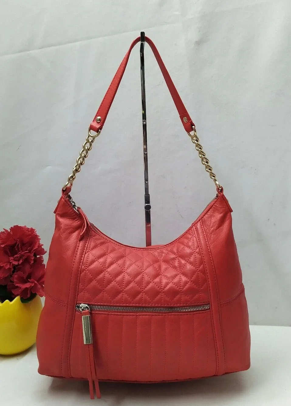 B. Makowsky Red Leather Quilted Chain Strap Zipper Hobo Shoulder Bag